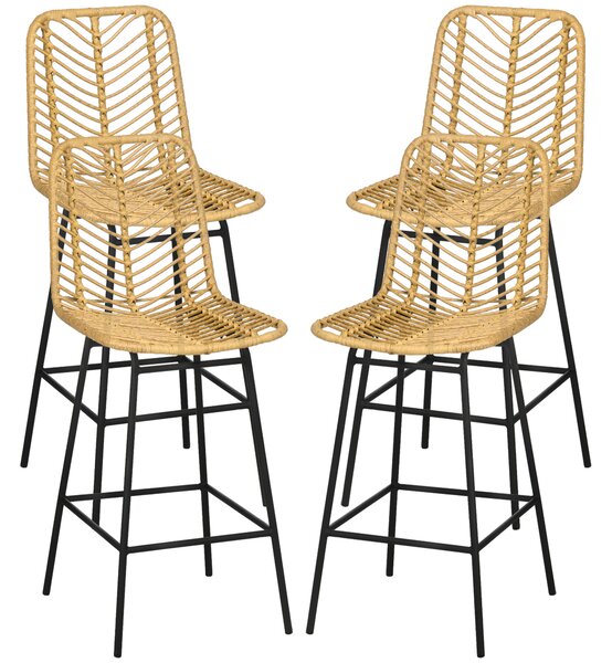 HOMCOM Set di 4 sgabelli da bar, sedie da bar, schienale in cannage e poggiapiedi, struttura in acciaio, 42,5x52x102cm, giallo | Aosom Italy