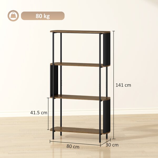 HOMCOM Scaffale contenitore, libreria a 4 ripiani con pannelli laterali curvati, telaio in acciaio, 80x30x141cm, marrone | Aosom Italy