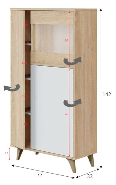 Mobile vetrina soggiorno 3 ante 77x33x142h cm rovere e bianco - Altavista