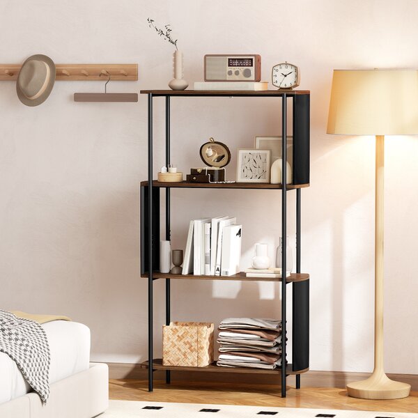 HOMCOM Scaffale contenitore, libreria a 4 ripiani con pannelli laterali curvati, telaio in acciaio, 80x30x141cm, marrone | Aosom Italy