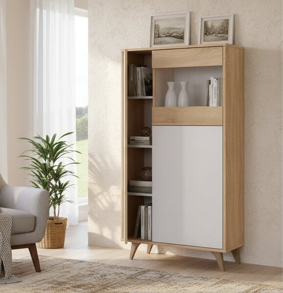 Mobile vetrina soggiorno 3 ante 77x33x142h cm rovere e bianco - Altavista