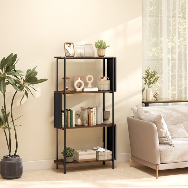 HOMCOM Scaffale contenitore, libreria a 4 ripiani con pannelli laterali curvati, telaio in acciaio, 80x30x141cm, marrone | Aosom Italy