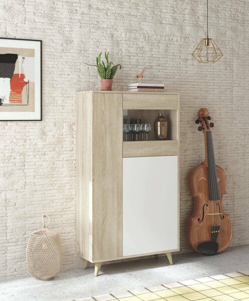 Mobile vetrina soggiorno 3 ante 77x33x142h cm rovere e bianco - Altavista