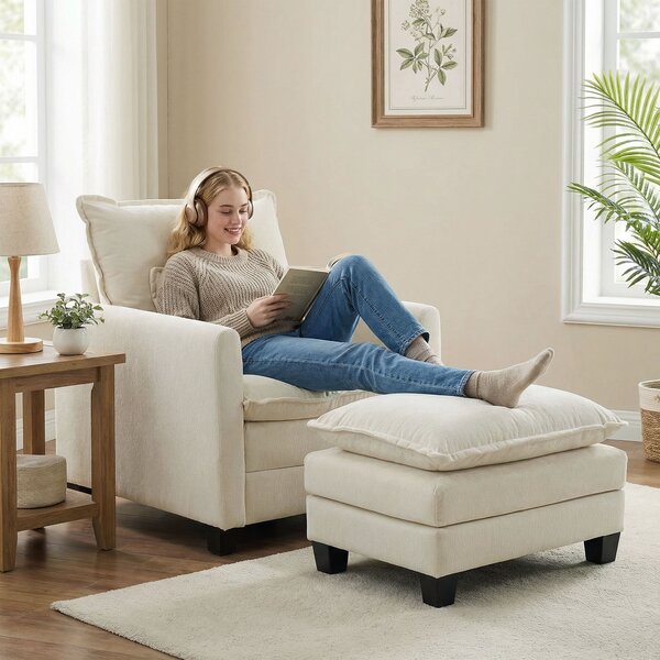 HOMCOM Poltrona da salotto con poggiapiedi, poltrona 1 posto in chenille, seduta ampia, imbottitura a doppio strato, 85x128x86cm, crema | Aosom Italy
