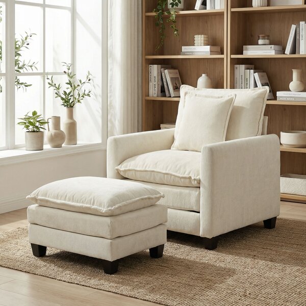 HOMCOM Poltrona da salotto con poggiapiedi, poltrona 1 posto in chenille, seduta ampia, imbottitura a doppio strato, 85x128x86cm, crema | Aosom Italy