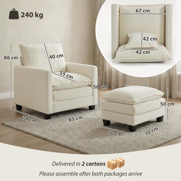 HOMCOM Poltrona da salotto con poggiapiedi, poltrona 1 posto in chenille, seduta ampia, imbottitura a doppio strato, 85x128x86cm, crema | Aosom Italy