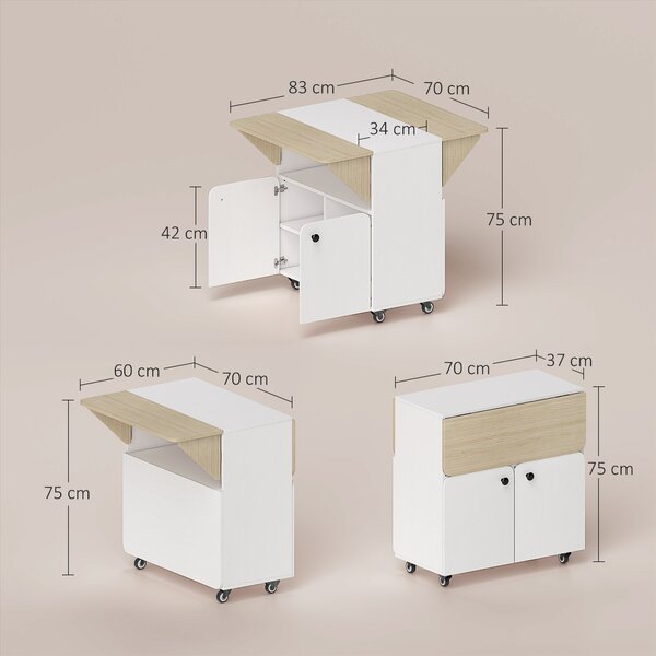 HOMCOM Tavolo da pranzo pieghevole su ruote, tavolo da cucina 4 persone, 2 ribalte, ripiano, armadietto, 70x83x75cm, bianco | Aosom Italy