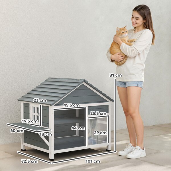 PawHut Casa per Gatti da Esterno, Cuccia in Legno con Tetto Apribile, Finestra Trasparente, Porte, Pedana | Aosom Italy