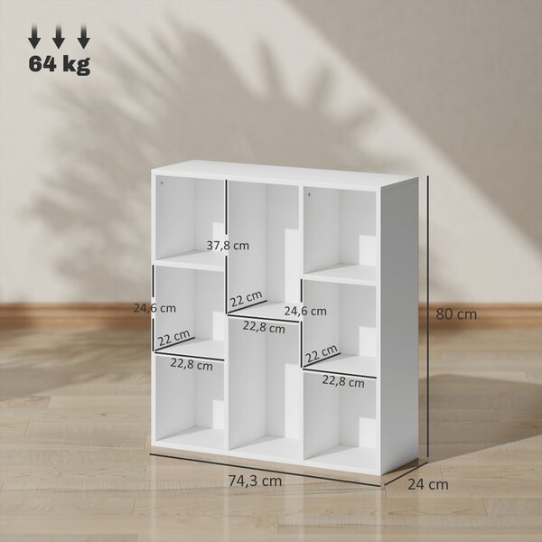 HOMCOM Libreria scaffale portaoggetti 2 livelli 8 scomparti, per soggiorno camera da letto ufficio, 74,3x24x80cm, bianco | Aosom Italy