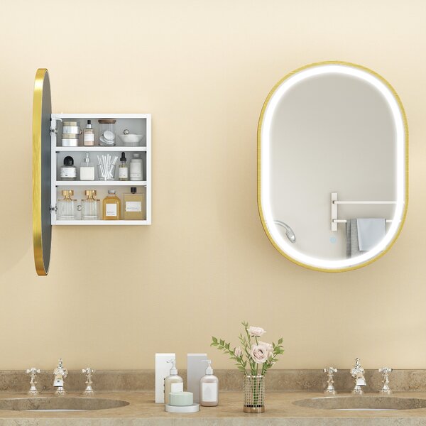 HOMCOM Armadio da parete per bagno con specchio e illuminazione LED anti-appannamento 3 temperature di luce ripiani regolabili dorato | Aosom Italy