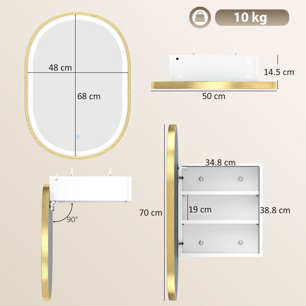 HOMCOM Armadio da parete per bagno con specchio e illuminazione LED anti-appannamento 3 temperature di luce ripiani regolabili dorato | Aosom Italy