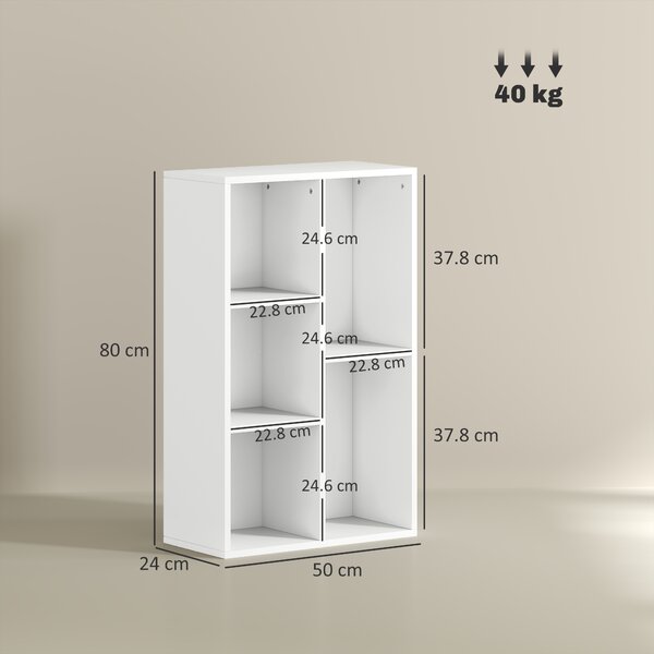 HOMCOM Libreria scaffale portaoggetti a 2 livelli con 5 scomparti, per soggiorno camera da letto ufficio, 50x24x80cm, bianco | Aosom Italy