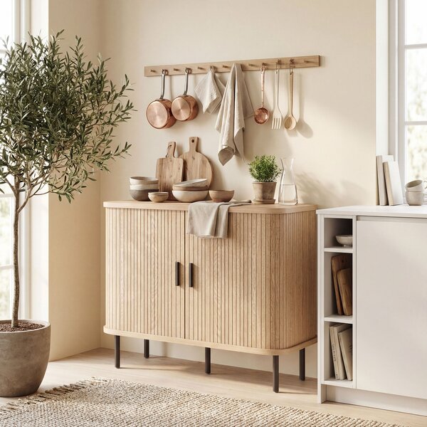 HOMCOM Buffet per soggiorno, mobile contenitore con 2 ante scorrevoli a tamburo a doghe e 4 scomparti, rovere | Aosom Italy