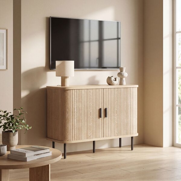 HOMCOM Buffet per soggiorno, mobile contenitore con 2 ante scorrevoli a tamburo a doghe e 4 scomparti, rovere | Aosom Italy
