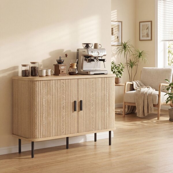 HOMCOM Buffet per soggiorno, mobile contenitore con 2 ante scorrevoli a tamburo a doghe e 4 scomparti, rovere | Aosom Italy