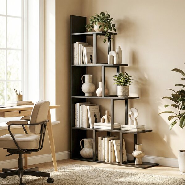 HOMCOM Libreria divisorio per ambiente stile industriale a gradini 5 ripiani 102 x 30 x 160 cm colore nero | Aosom Italy
