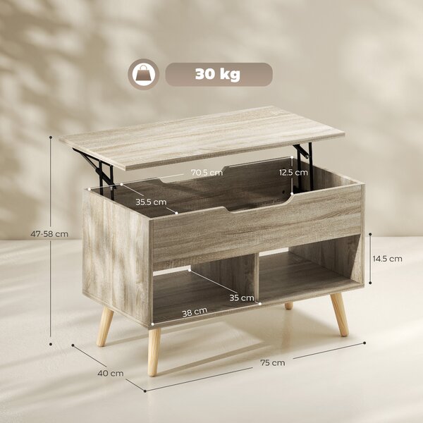 HOMCOM Tavolino sollevabile, tavolino da salotto con compartimento nascosto e ripiani aperti, 75 x 40 x 58 cm, legno naturale | Aosom Italy