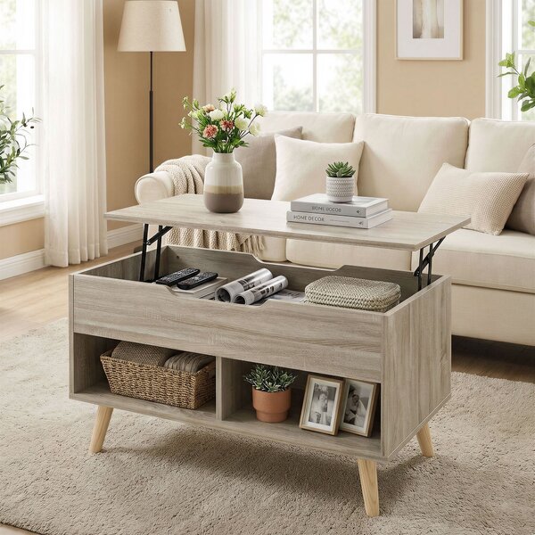 HOMCOM Tavolino sollevabile, tavolino da salotto con compartimento nascosto e ripiani aperti, 75 x 40 x 58 cm, legno naturale | Aosom Italy