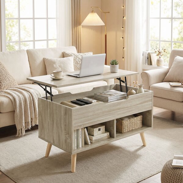 HOMCOM Tavolino sollevabile, tavolino da salotto con compartimento nascosto e ripiani aperti, 75 x 40 x 58 cm, legno naturale | Aosom Italy