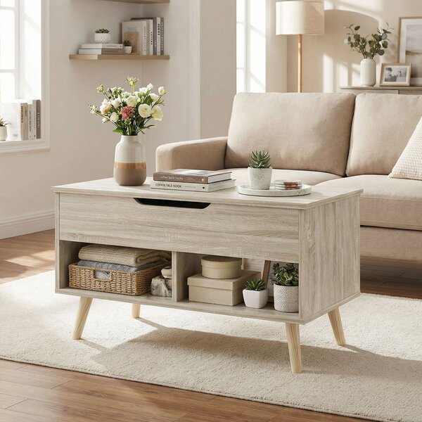 HOMCOM Tavolino sollevabile, tavolino da salotto con compartimento nascosto e ripiani aperti, 75 x 40 x 58 cm, legno naturale | Aosom Italy