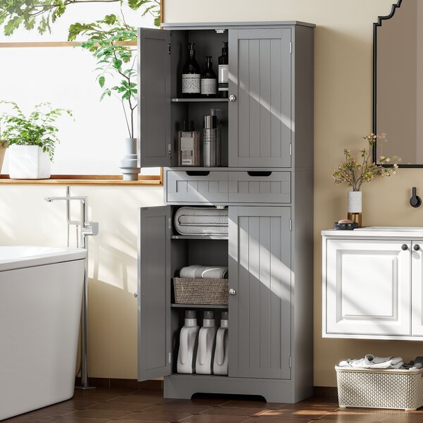 HOMCOM Mobile da bagno con cassetto, armadietto con ante, ripiano regolabile, 60 x 30 x 160 cm, grigio | Aosom Italy