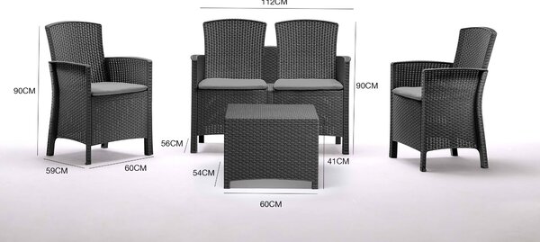 Salotto da giardino 4 posti e 1 tavolo effetto rattan antracite - Asiak