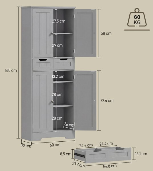 HOMCOM Mobile da bagno con cassetto, armadietto con ante, ripiano regolabile, 60 x 30 x 160 cm, grigio | Aosom Italy