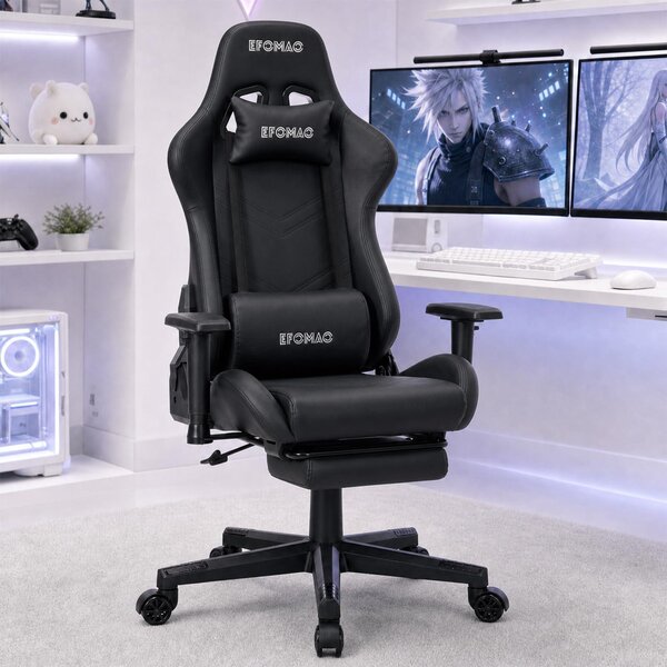 Sedia da gaming con poggiapiedi, capacità di carico 150 kg, rivestita in ecopelle, colore nero