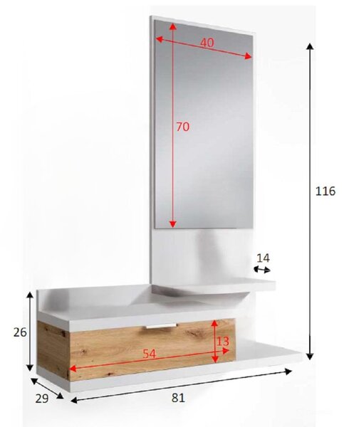 Mobile ingresso sospeso con cassetto bianco e rovere nodi 81x116h cm - Adina