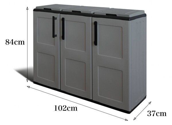 Pattumiera Grigio Nero Capacità 330 (110 per Sacco) 3 Cestini 102x37x84h cm, Colore Struttura Nero Made in Italy - Arko