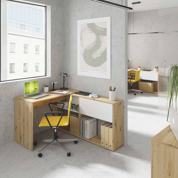 Scrivania angolare bianca e legno 108x140cm con libreria - Apogee