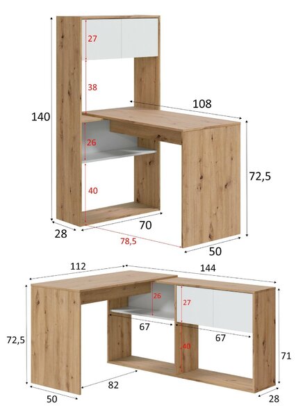 Scrivania angolare bianca e legno 108x140cm con libreria - Apogee