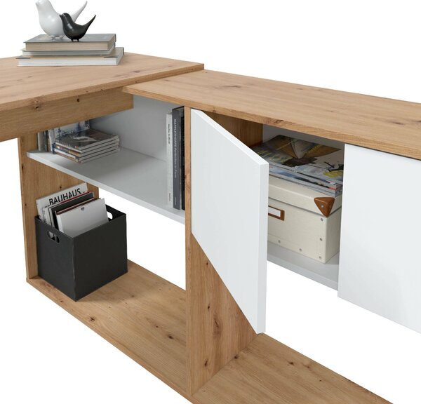 Scrivania angolare bianca e legno 108x140cm con libreria - Apogee