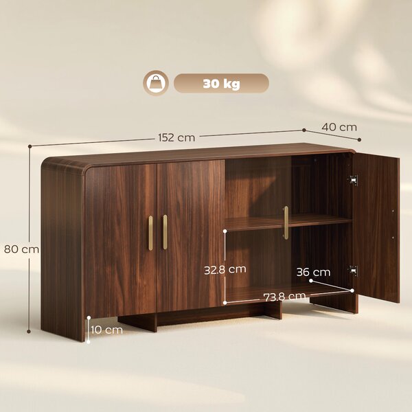 HOMCOM Buffet cucina, mobile contenitore con 4 ante a chiusura ammortizzata, 4 scomparti e bordi arrotondati, 152x40x80cm, noce | Aosom Italy