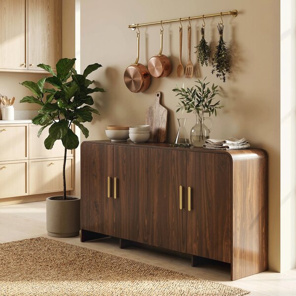 HOMCOM Buffet cucina, mobile contenitore con 4 ante a chiusura ammortizzata, 4 scomparti e bordi arrotondati, 152x40x80cm, noce | Aosom Italy