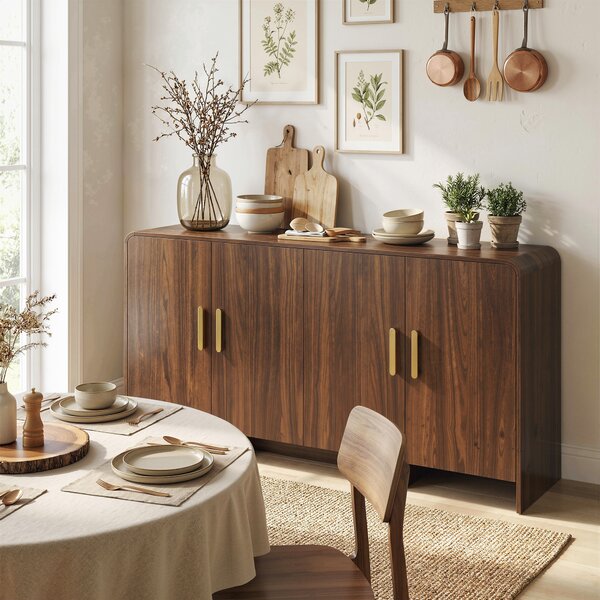 HOMCOM Buffet cucina, mobile contenitore con 4 ante a chiusura ammortizzata, 4 scomparti e bordi arrotondati, 152x40x80cm, noce | Aosom Italy