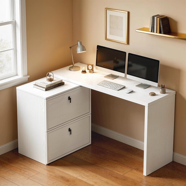 HOMCOM Scrivania Reversibile a L con 2 Cassetti Archivio Design Moderno per Spazi Ridotti Ufficio Bianco | Aosom Italy