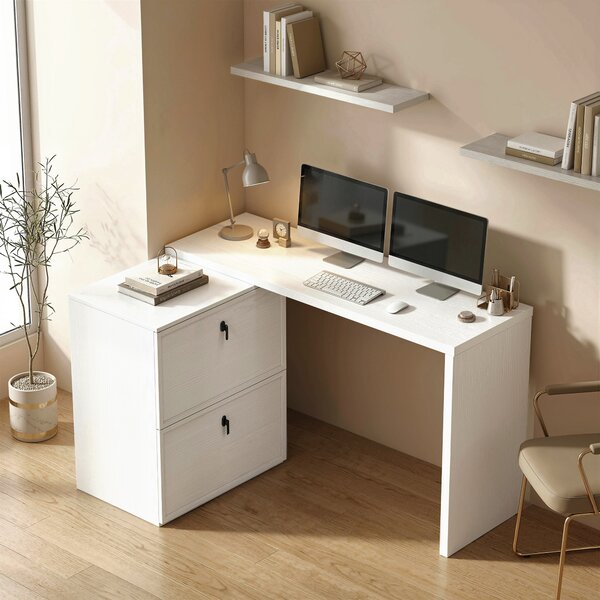 HOMCOM Scrivania Reversibile a L con 2 Cassetti Archivio Design Moderno per Spazi Ridotti Ufficio Bianco | Aosom Italy