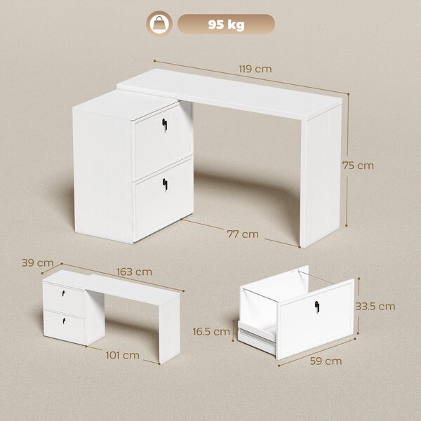 HOMCOM Scrivania Reversibile a L con 2 Cassetti Archivio Design Moderno per Spazi Ridotti Ufficio Bianco | Aosom Italy