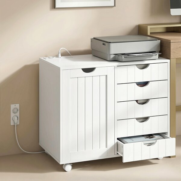 HOMCOM Mobile per Stampante con Stazione di Ricarica e Ruote 5 Cassetti Porte USB Ripiano Regolabile Bianco | Aosom Italy
