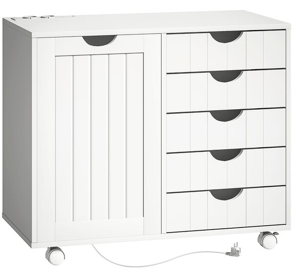 HOMCOM Mobile per Stampante con Stazione di Ricarica e Ruote 5 Cassetti Porte USB Ripiano Regolabile Bianco | Aosom Italy