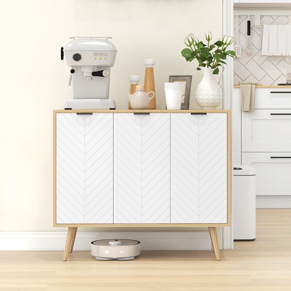 HOMCOM Mobile basso contenitore 2 armadi 3 porte motivo chevron ripiani regolabili in altezza 91,5 x 35 x 77,4 cm legno naturale | Aosom Italy