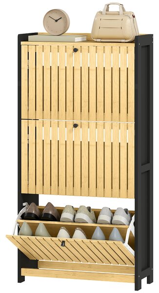 HOMCOM Scarpiera 18 paia con 3 cassetti ribaltabili, ante a griglia in bambù, 60x24x118cm, Nero e legno naturale | Aosom Italy