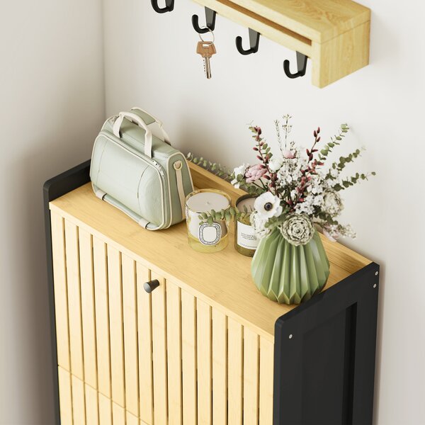 HOMCOM Scarpiera 18 paia con 3 cassetti ribaltabili, ante a griglia in bambù, 60x24x118cm, Nero e legno naturale | Aosom Italy