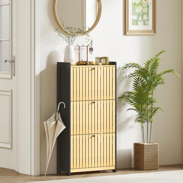 HOMCOM Scarpiera 18 paia con 3 cassetti ribaltabili, ante a griglia in bambù, 60x24x118cm, Nero e legno naturale | Aosom Italy