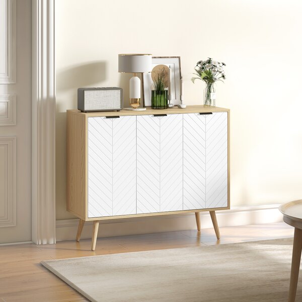 HOMCOM Mobile basso contenitore 2 armadi 3 porte motivo chevron ripiani regolabili in altezza 91,5 x 35 x 77,4 cm legno naturale | Aosom Italy
