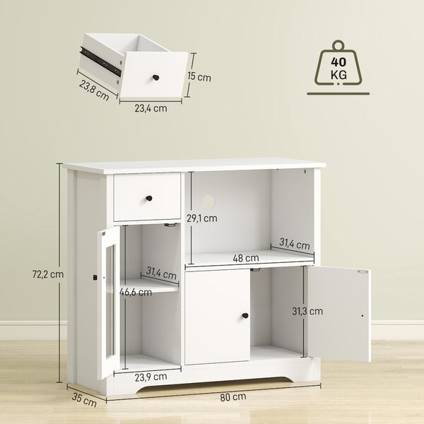 HOMCOM Mobile da cucina con foro per cavi, cassettiera con 2 armadietti, vano aperto, cassetto, 80 x 35 x 72,2 cm, pannello truciolare, bianco | Aosom Italy