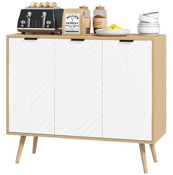 HOMCOM Mobile basso contenitore 2 armadi 3 porte motivo chevron ripiani regolabili in altezza 91,5 x 35 x 77,4 cm legno naturale | Aosom Italy
