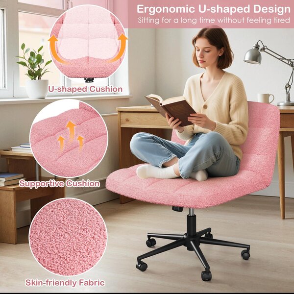 Sedia da scrivania con seduta ampia e design "Schneidersitz" - Sedia da ufficio girevole - Ergonomica - Regolabile in altezza - Seduta extra larga - Rivestimento in tessuto Sherpa imbottito - Con rotelle - Rosa