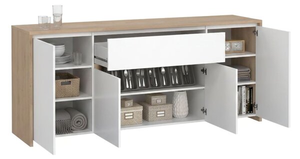 Credenza rovere e bianco lucida 197x48x83h cm 4 ante e 1 cassetto - Basile